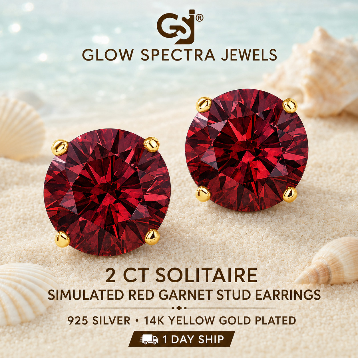 2.00CT Solitaire Red Garnet Stud Erring 925 Silver 14k Yellow Gold Plated
