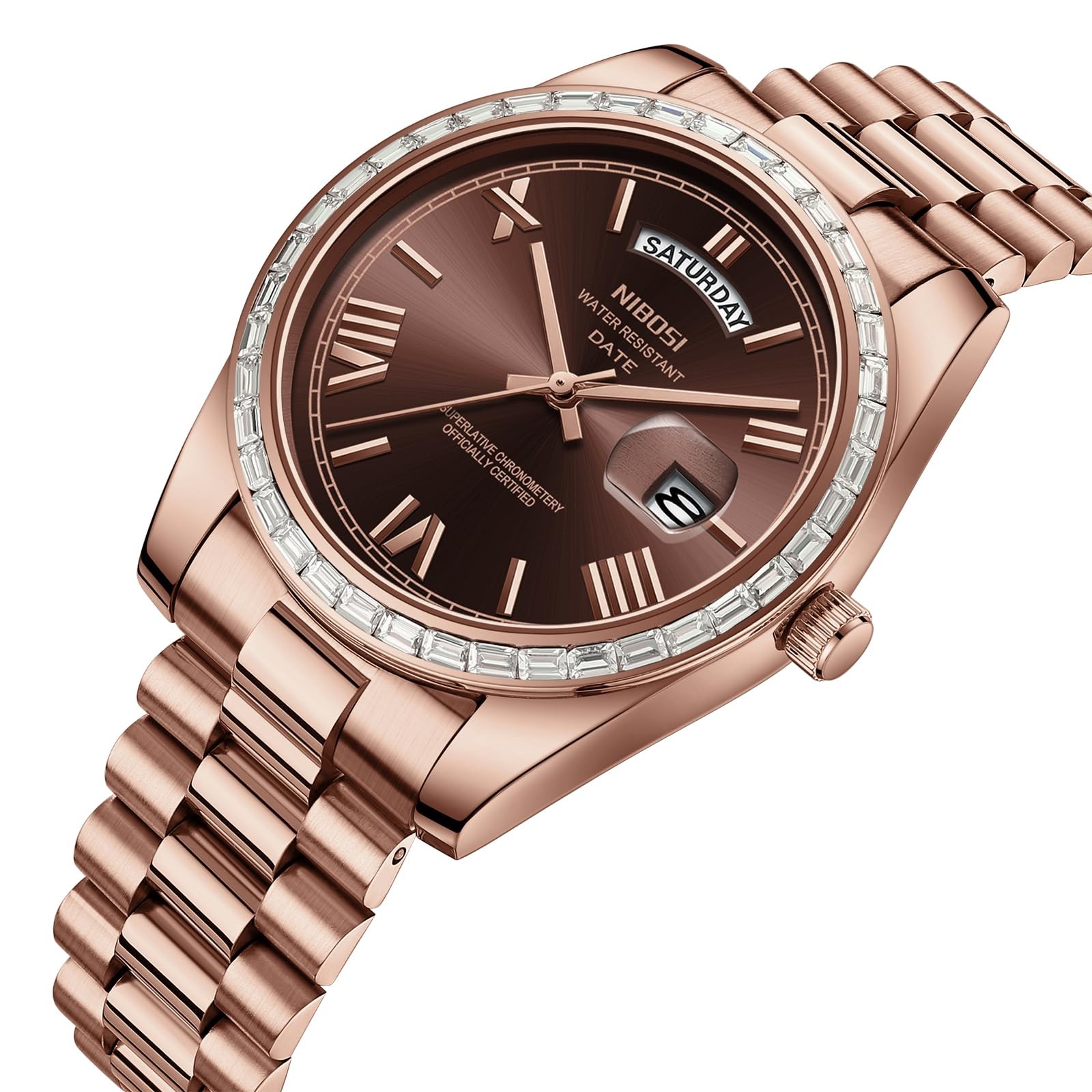 Men’s Watches Analog Quartz Diamond Bezel Stainless Steel Brown Dial Rose Gol…