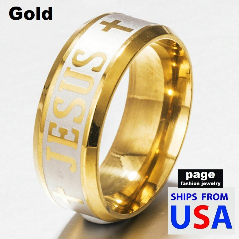 Etched JESUS Cross Silver/Gold/Black Comfort Fit Stainless Steel Ring Sz. 7-11.5