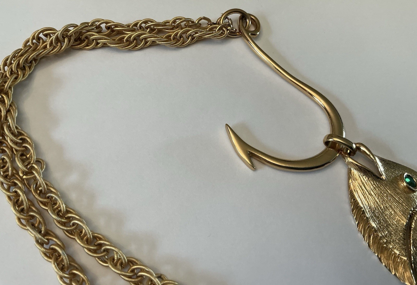 Vintage Napier Gold-Plated Articulated Fish on Hook Pendant Necklace