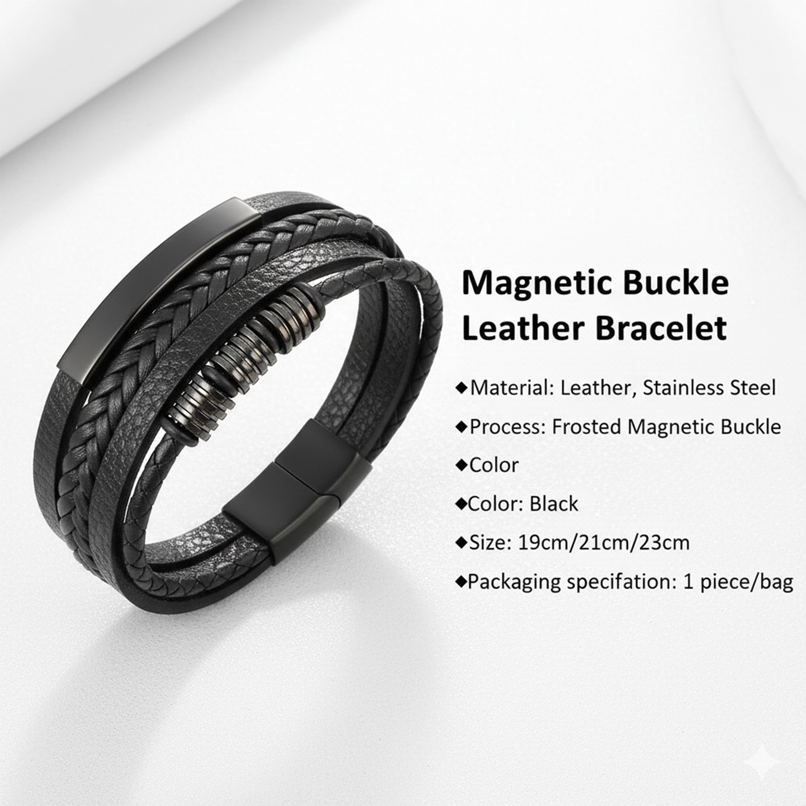 Men’s Leather Bracelet Braided Wristband Magnetic Buckle – Black Silver Gold