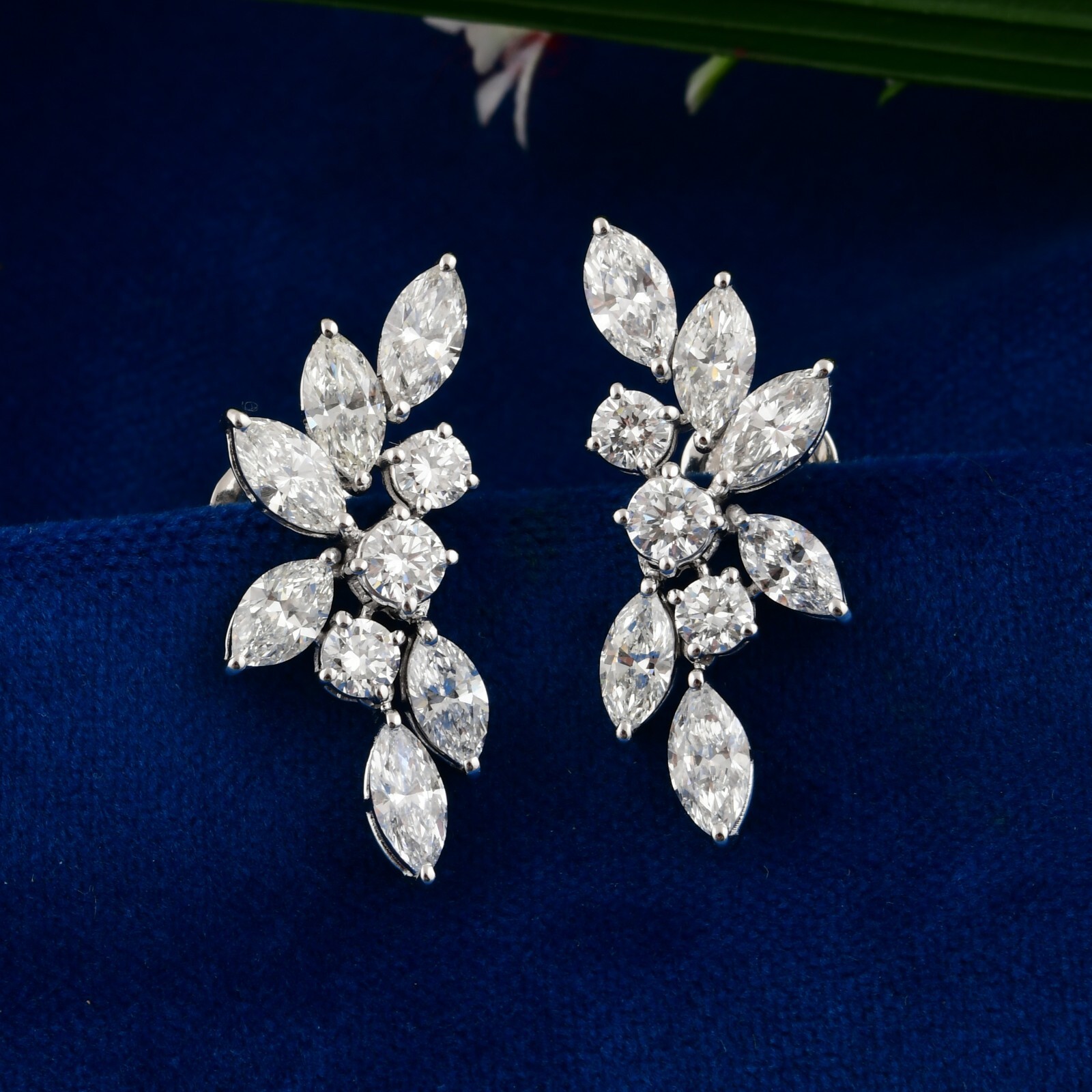 4.55 Ct Marquise Round Cut Lab Grown CVD Diamond Cluster Earrings 14k White Gold