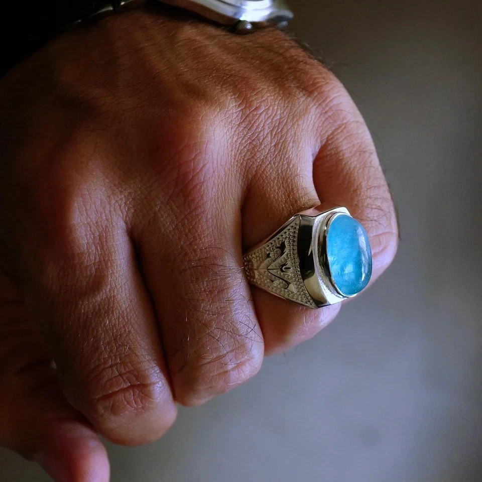Natural Aquamarine Ring for Men Solid 925 Sterling Silver Handmade Jewelry