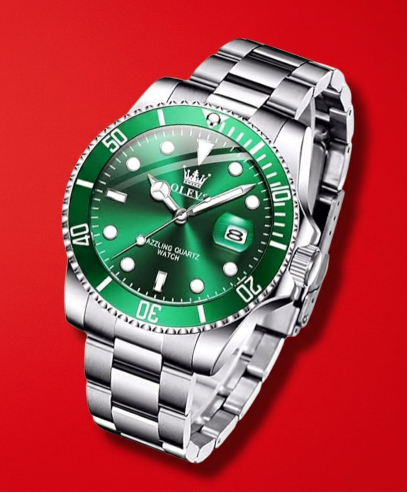 Men’s Waterproof Diver Quartz Silver Bracelet WristWatch Green Dial Bezel Olevs