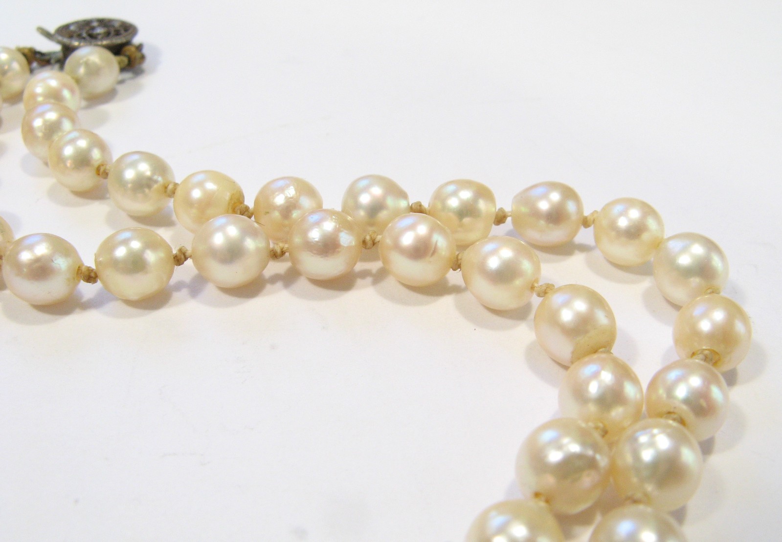 Vintage AKOYA Cultured PEARL Hand-knotted NECKLACE 6mm Sterling Silver 17.75″