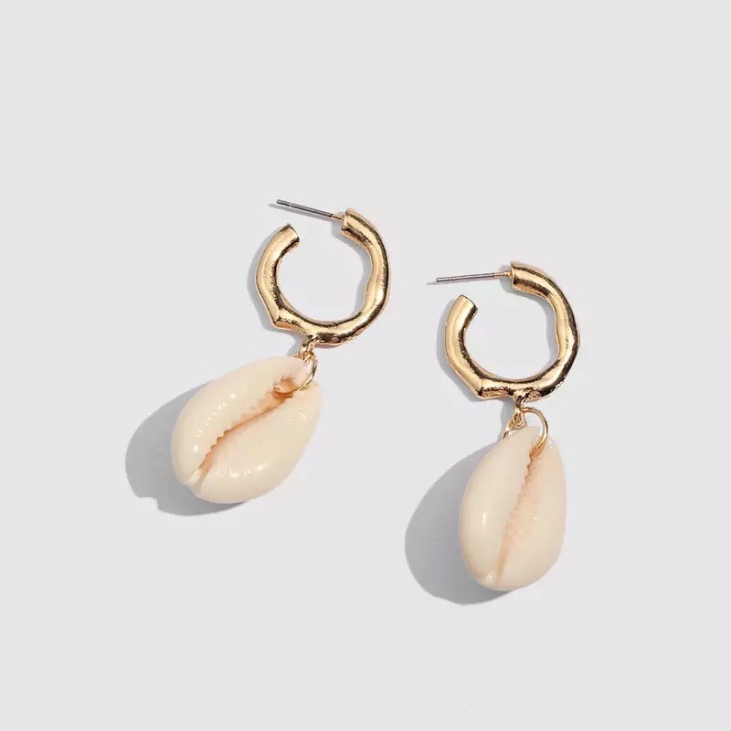 ZARD Cowrie Shell Hoop Earrings Matte Gold-Tone Summer Boho Jewelry