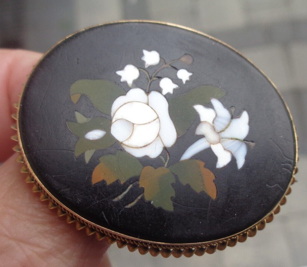 Pietra Dura Mosaic Booch Earrings Set Victorian Antique 15ct Gold Floral c1880s