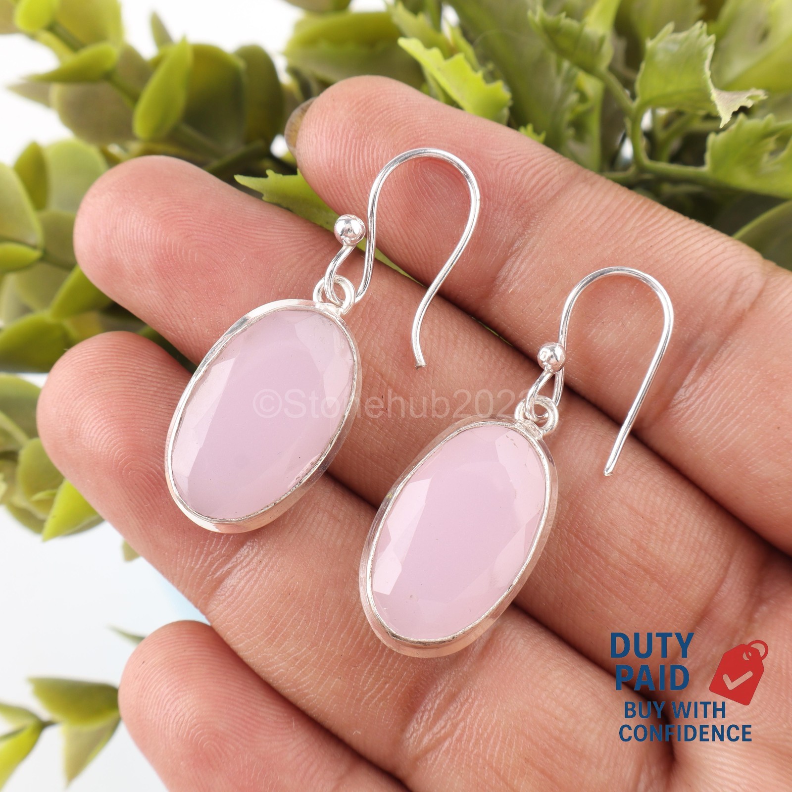 Oval Natural Pink Chalcedony Sterling Silver Sister Drop Channel Set Earrings