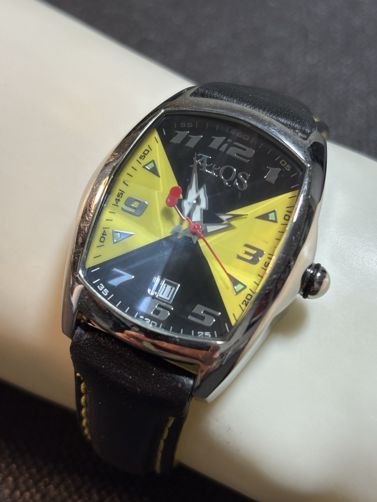 AQS AquaSwiss Men Watch Faceted Crystal,Date,L-9500L,Leather Band,New Bat