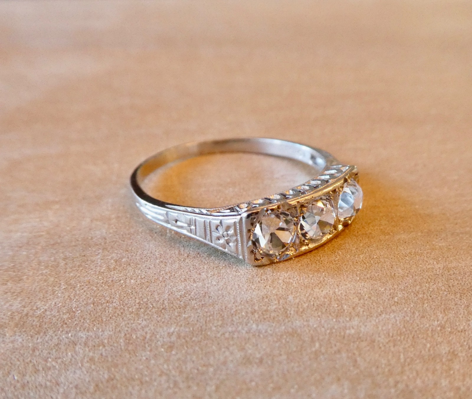 Platinum 1.18 Carat Sparkling Trilogy Ring With Three Old European Cut Stones