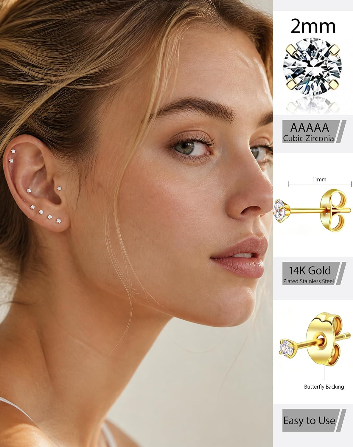5/10 Pairs Small Gold Silver Stud Earrings for Women Men, 2Mm CZ Hypoallergenic