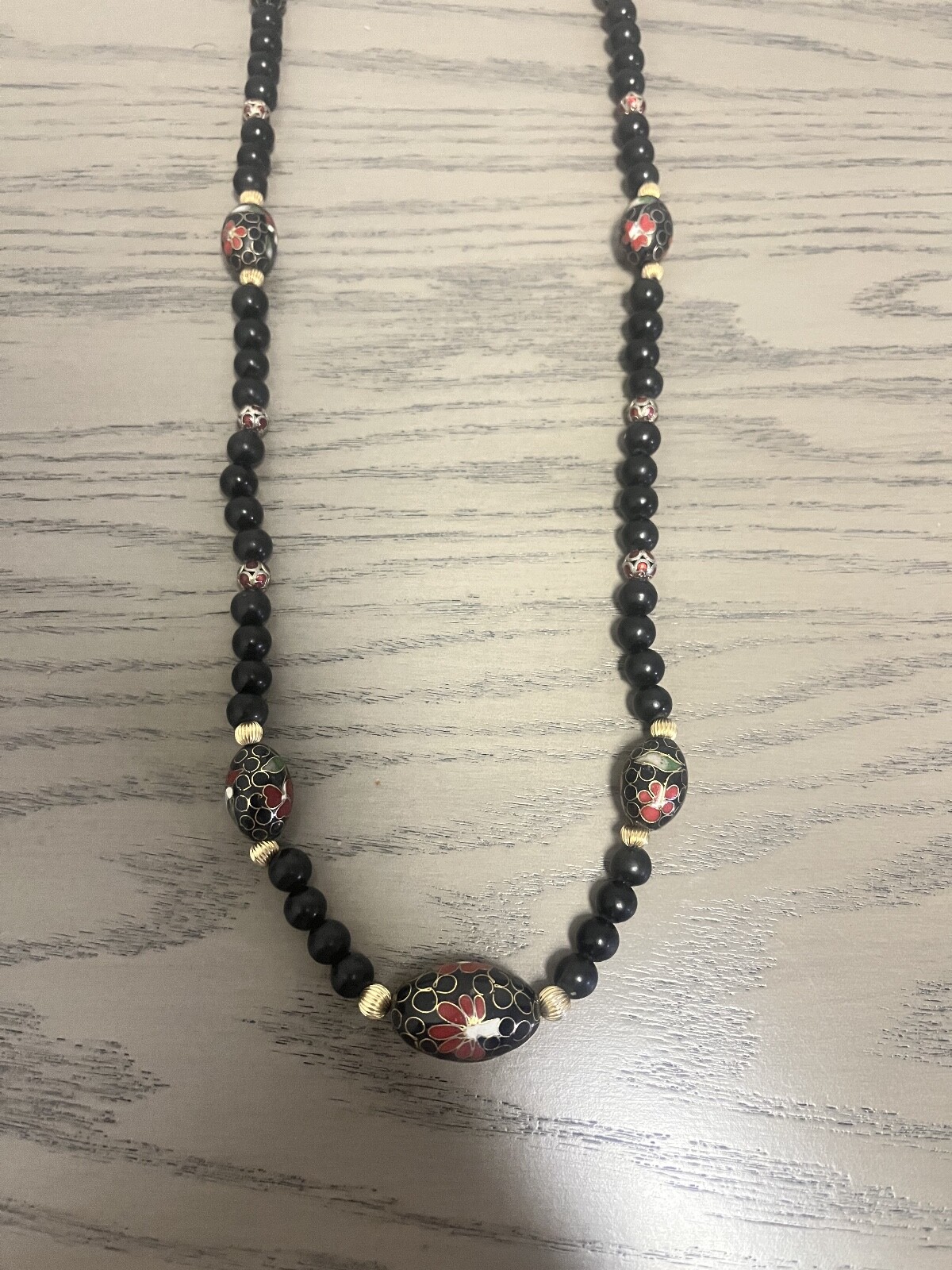 14Kt Gold Vintage Chinese Export Black Onyx Beaded Floral 34″ inch Necklace