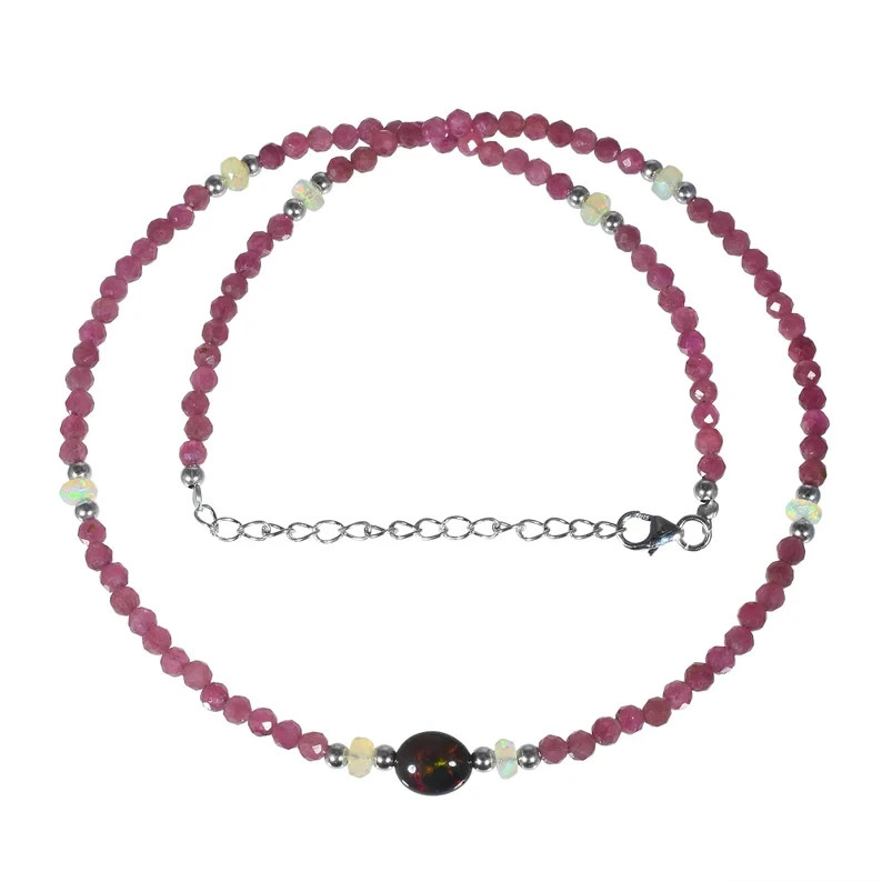 Natural Rainbow Fire Opal & Pink Tourmaline Handmade Beaded Chain Women Necklace