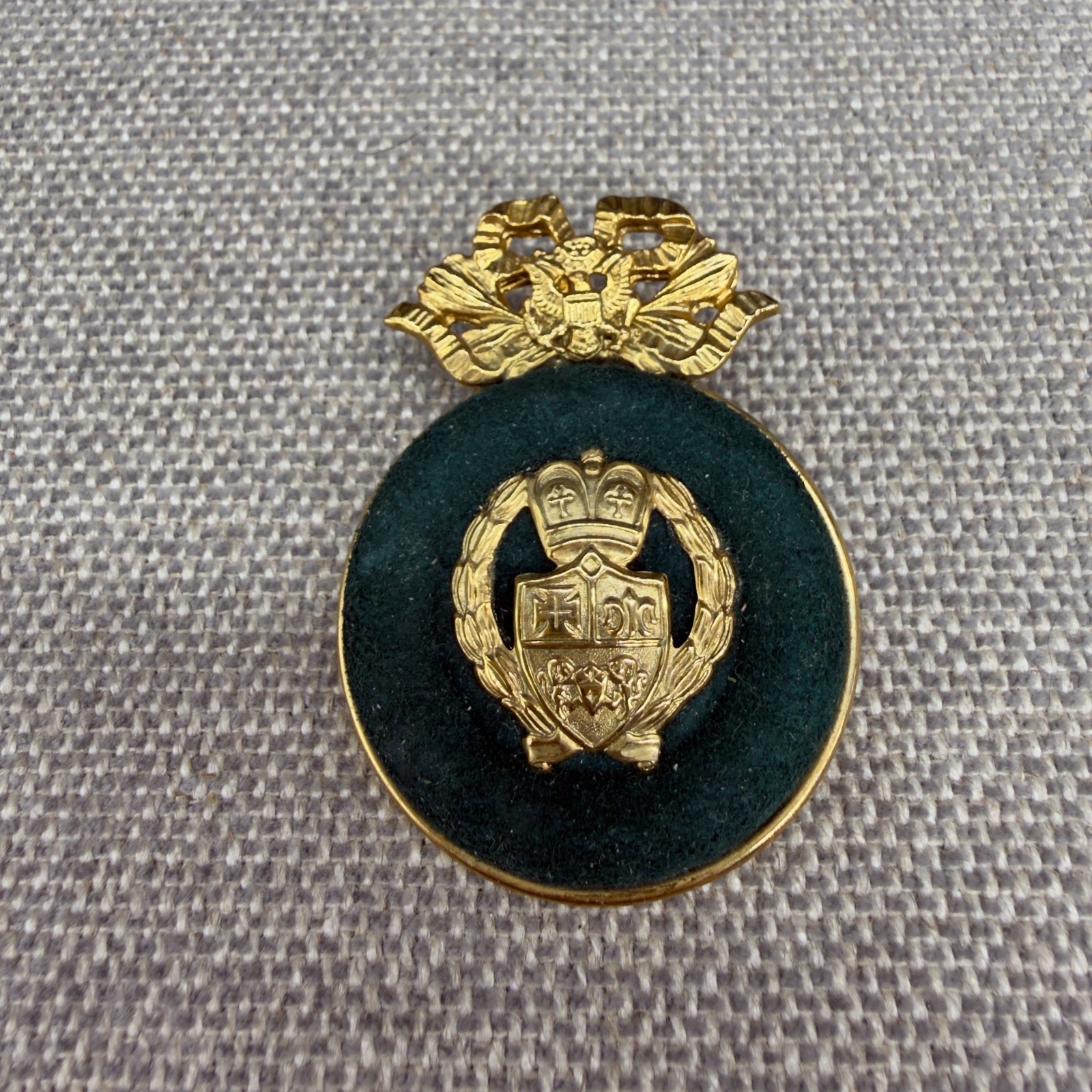 Vintage Brooch French Coat of Arms Green Suede Gold Tone Heraldic Ribbon
