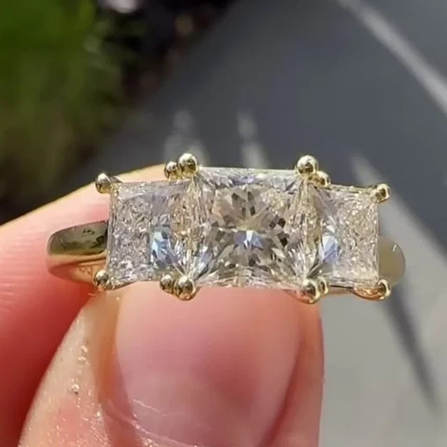 Three-Stone 2.0 CTW Moissanite Princess Cut Wedding Ring 14K Yellow Gold Plated