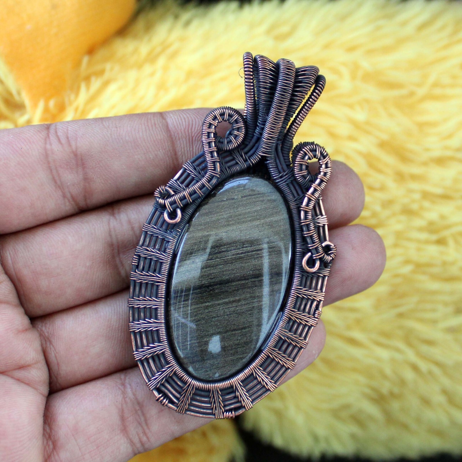 Golden Obsidian Pendant Copper Wire Wrapped Pendant Handmade Wire Wrap Jewelry