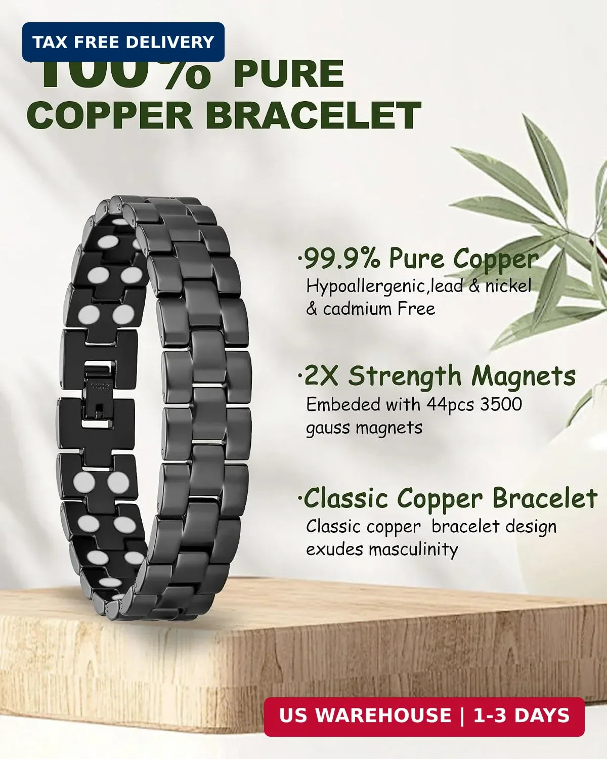 MagEnergy Mens Copper Magnetic Bracelets, 99.9% Pure Copper Bracelet with Double