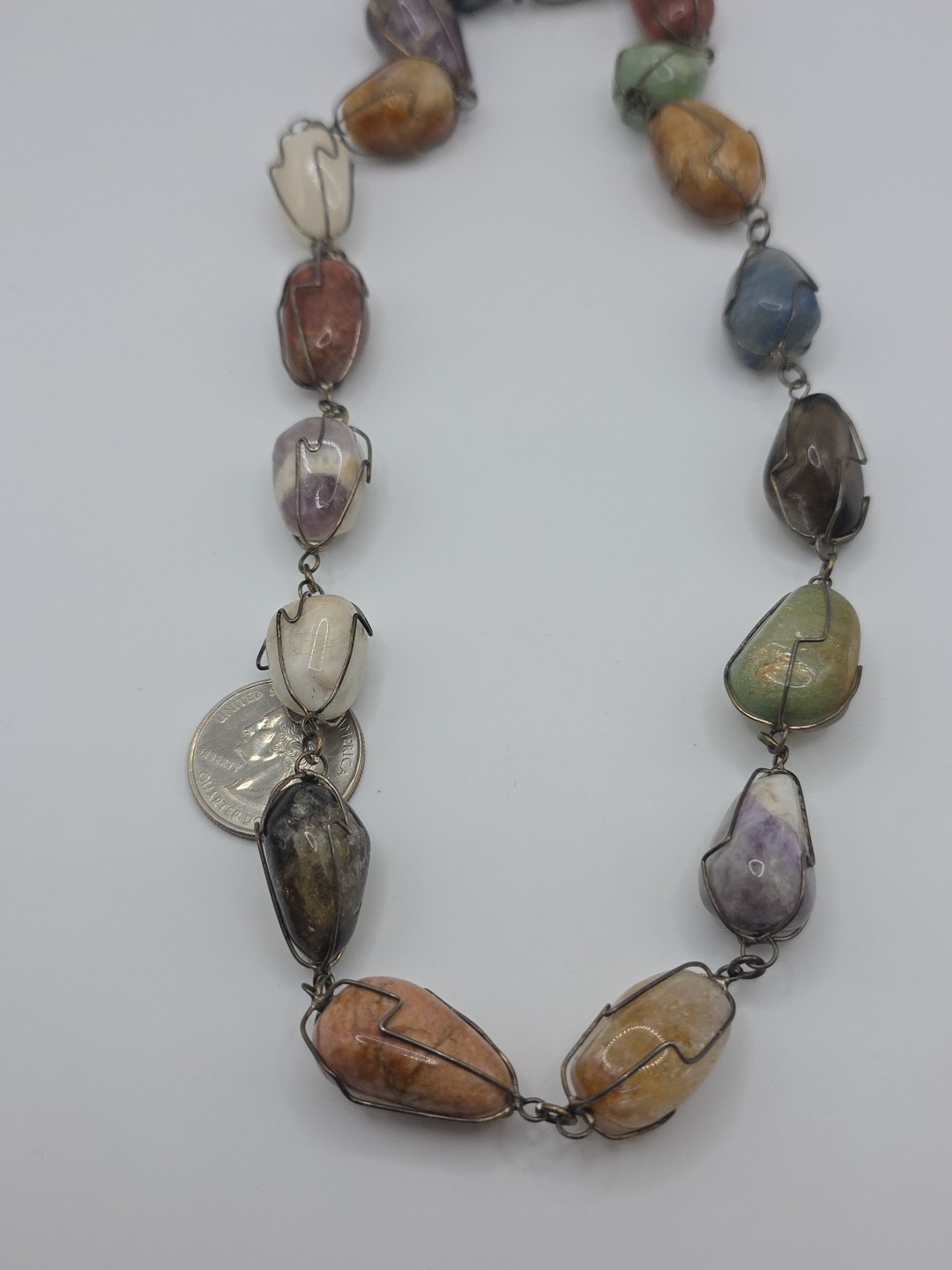 Vintage Sterling Silver 925 Tumbled Stones Wire Cage Necklace 20″ 114g