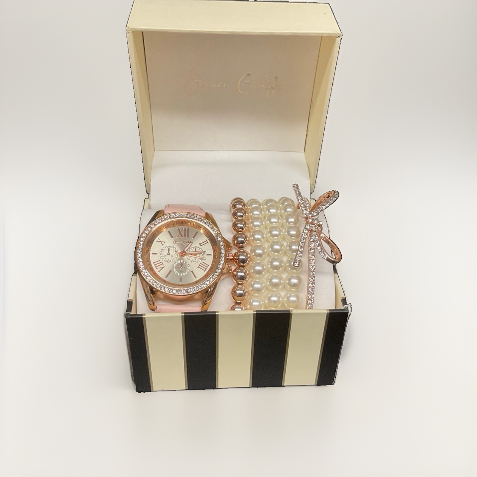 Jessica Carlyle Womens Rose Gold Analog Watch and Blush Bracelet Set New