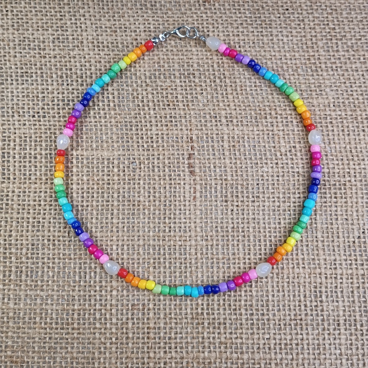 New Rainbow Beaded Choker Necklace – Seed Bead & Faux Pearl Choker Handmade Boho