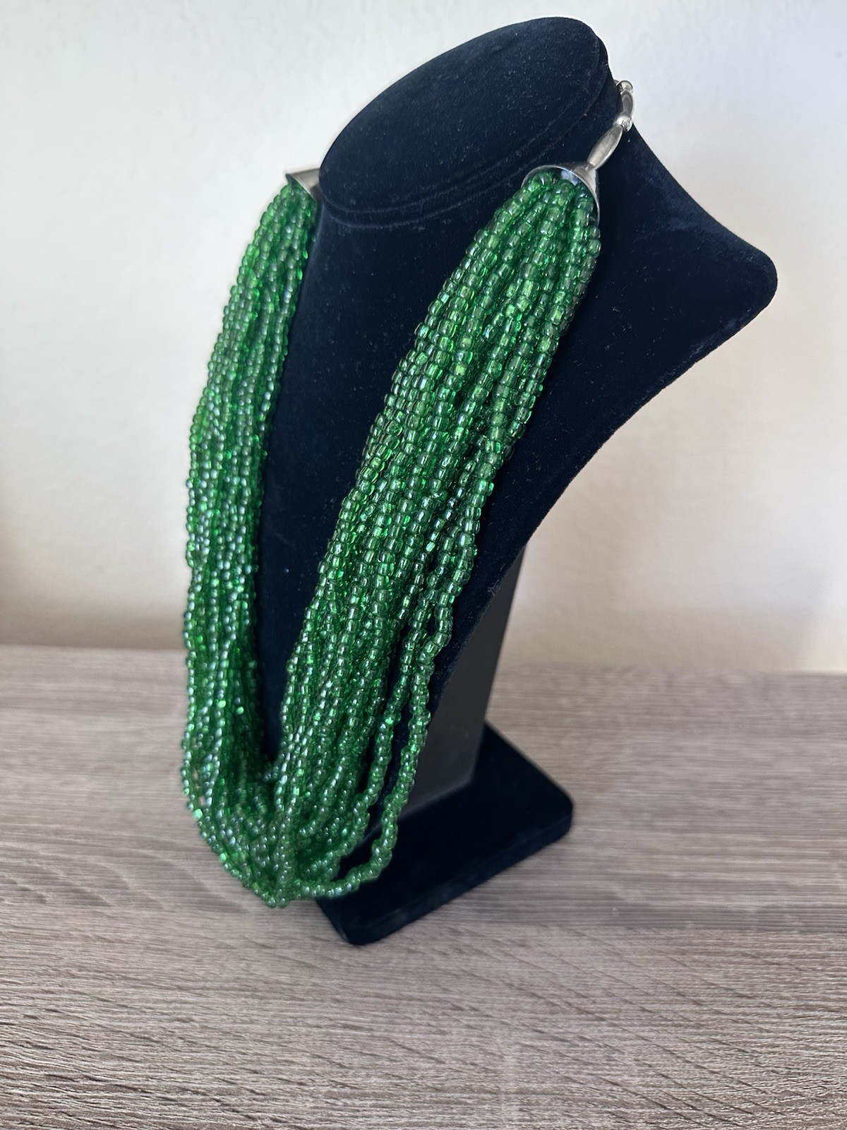 Vintage Southwestern Multi Strand Green Glass Seed Bead Necklace Silver Tone