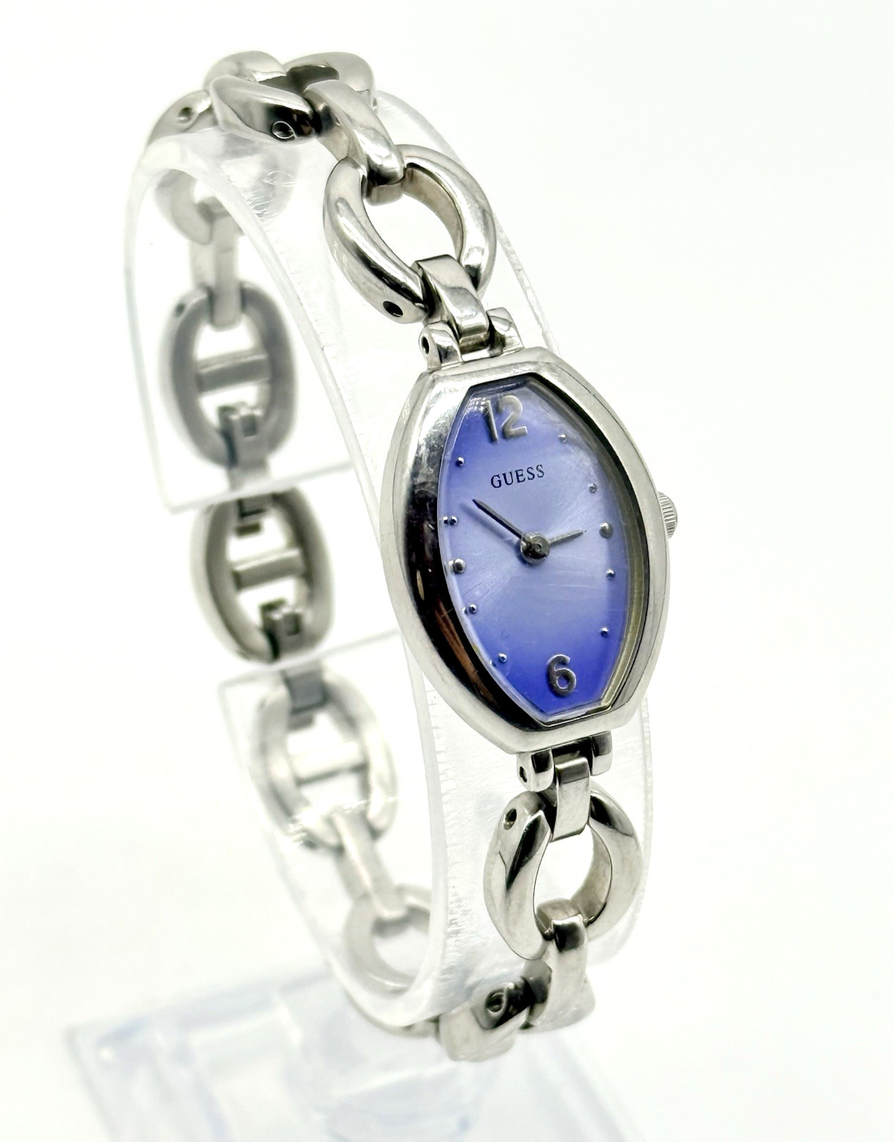 GUESS Ladies Watch Blue Dial New Battery Tonneau Shape Silver Tone Link Bracelet