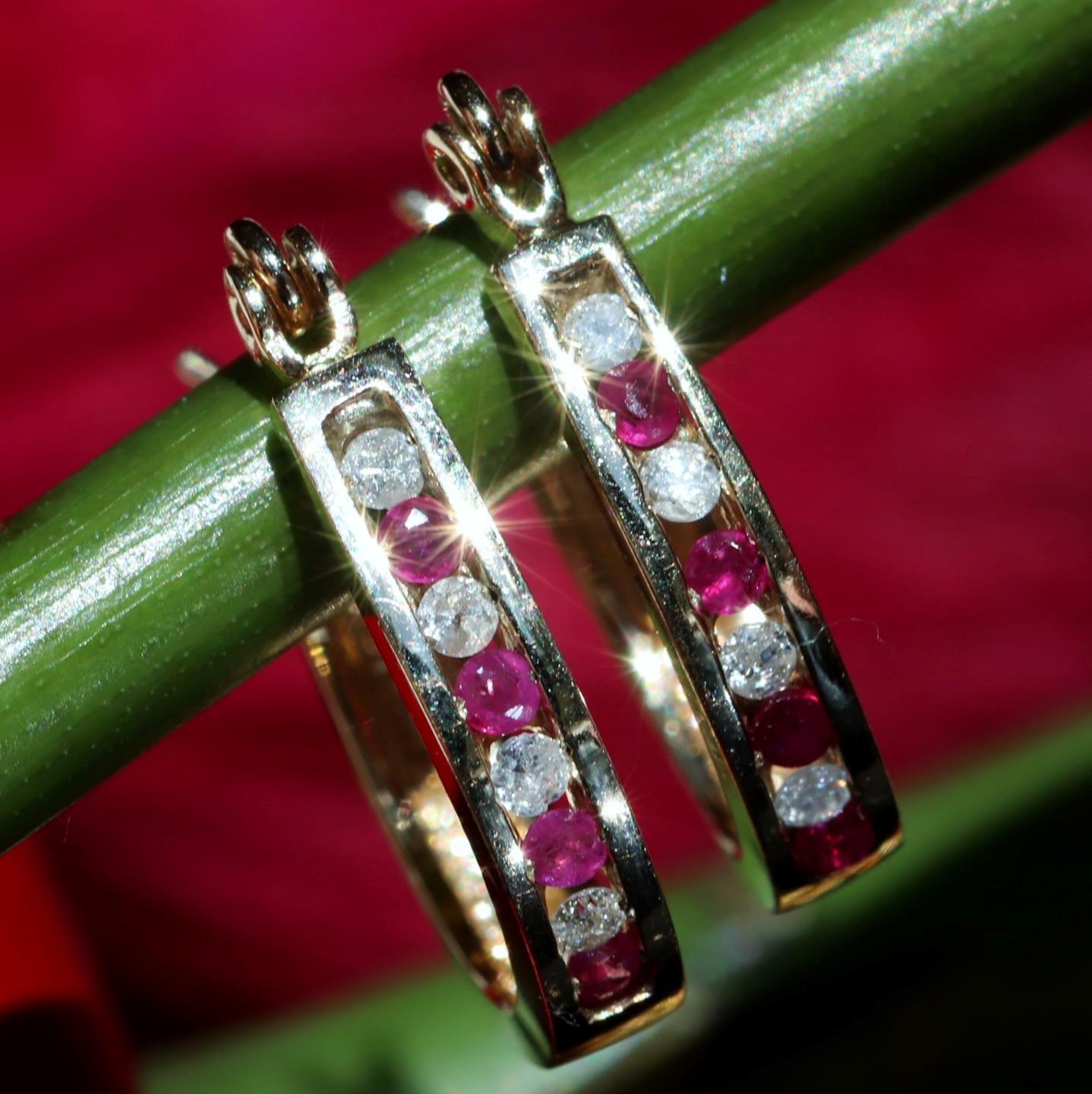 10k yellow gold earrings 0.27ct natural, treated ruby diamond hoop 2.20gr N3634