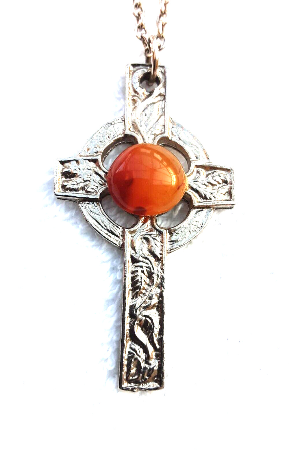 Vintage Pewter Celtic Cross Pendant Necklace Citrine blood orange Glass Stone