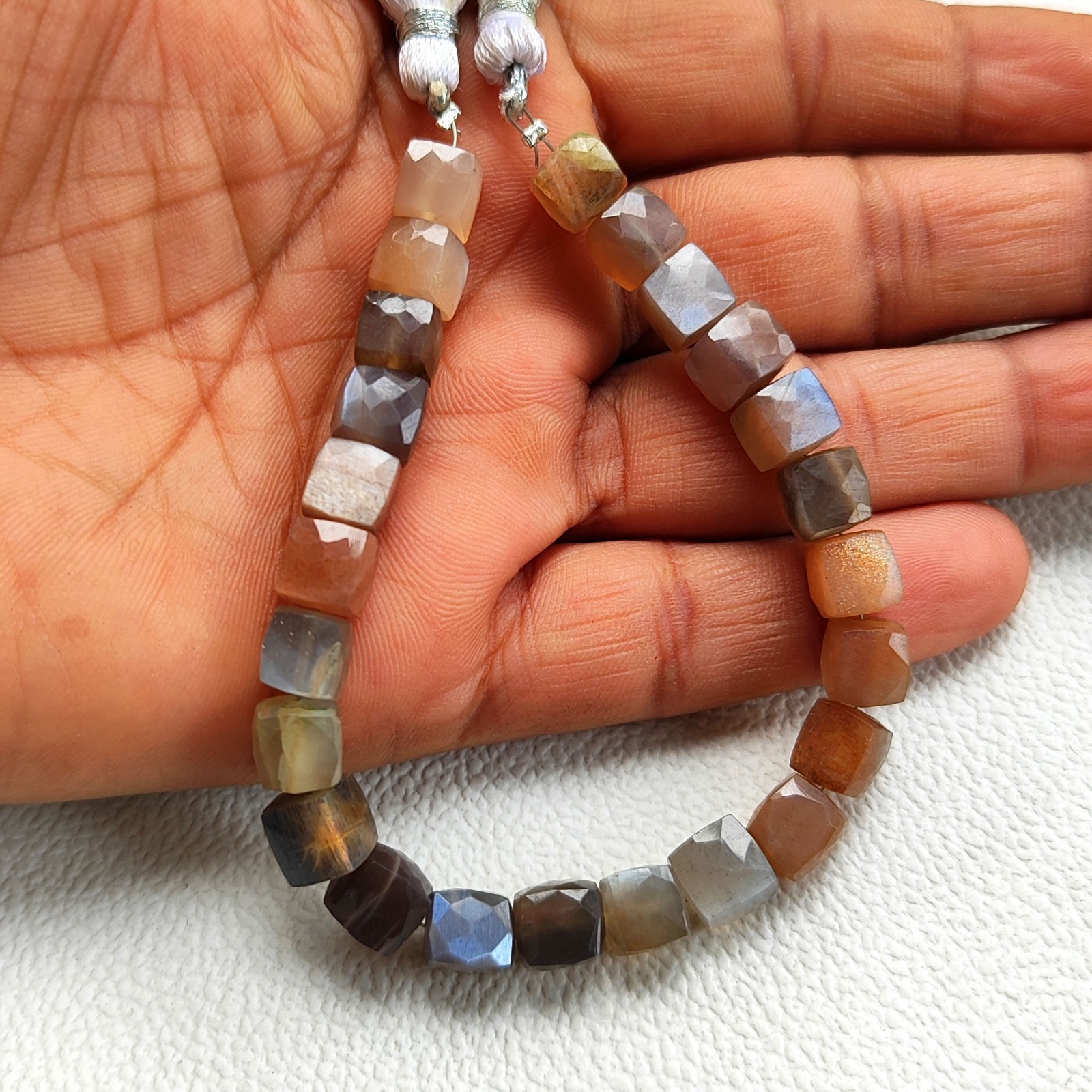 Multicolor Moonstone 7.5mm Faceted Cube Bead 7 Inch Strand Natural India Gems