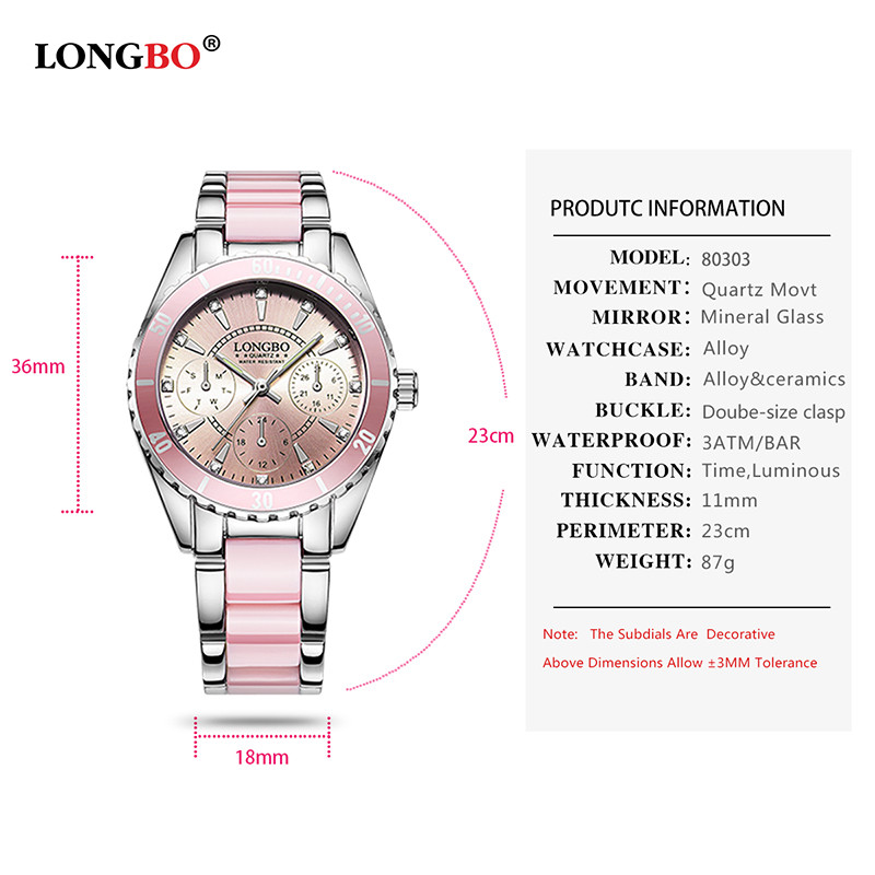 Longbo Women’s Watch Pink White Silver New Free Track Wristwatch Quartz Fashion