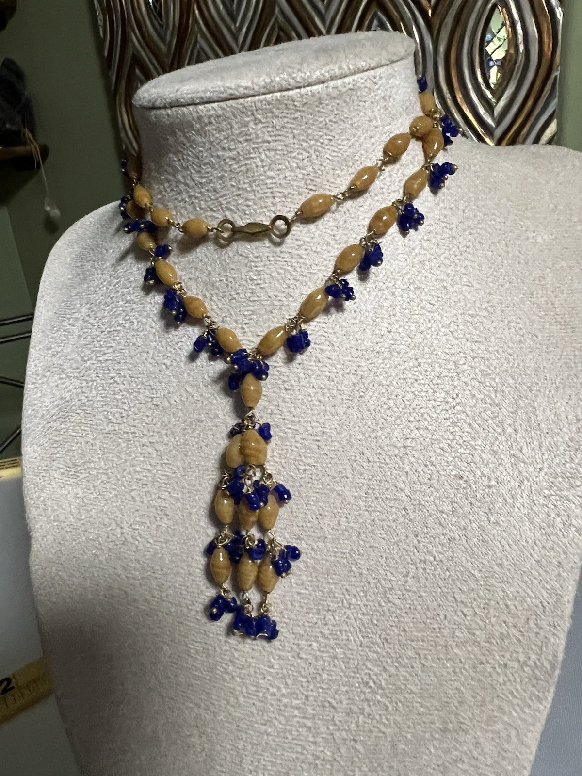Vintage Mid Century Czech Glass Y Necklace Cobalt Blue Caramel Drop 25″