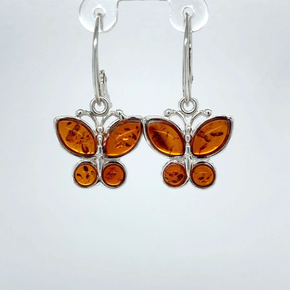Cognac Brown BALTIC AMBER Butterfly Leveback Earrings 925 STERLING SILVER #5528e