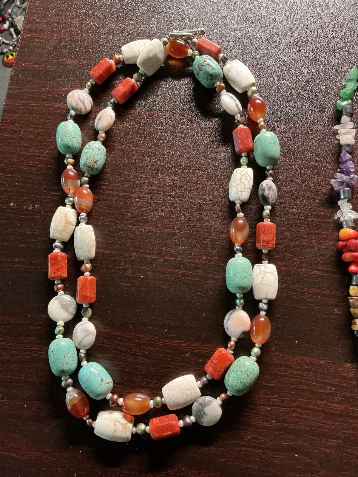 Lot Of 3 Hematite Crucifix, Turquoise Howlite Coral Amethyst Tigereye Necklaces
