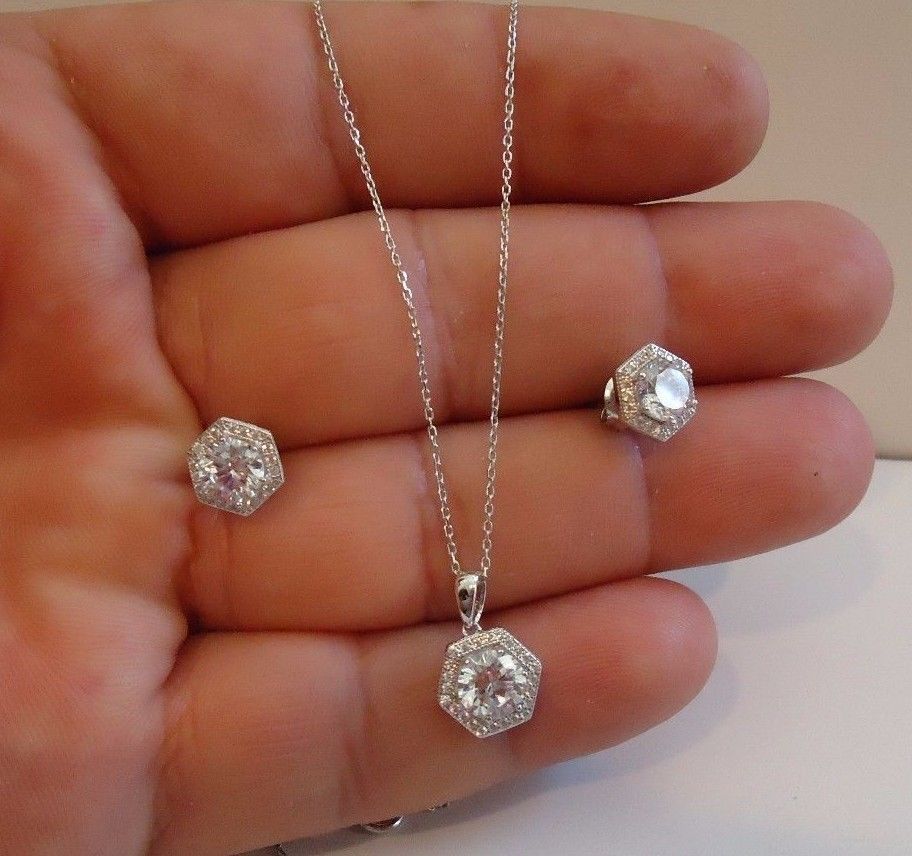 HALO CENTER NECKLACE & EARRING SET W/ 5 CT LAB ACCENTS /925 STERLING SILVER