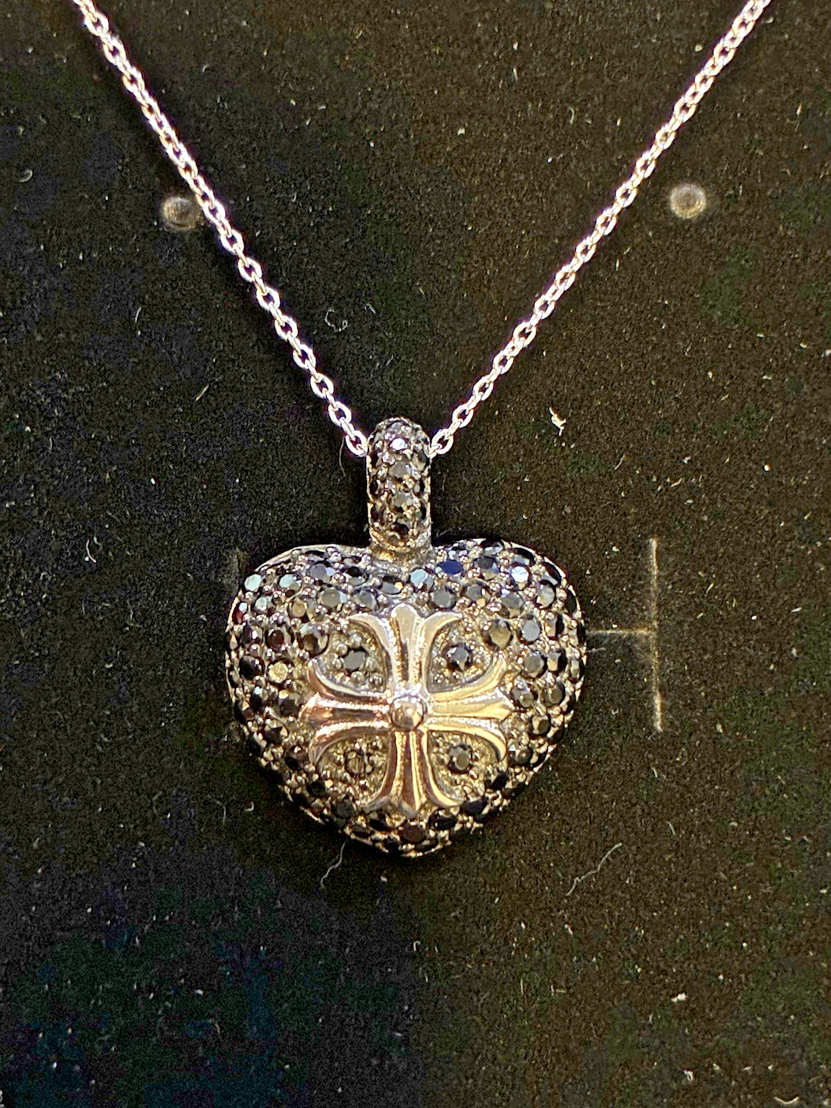925 Sterling Silver Rhodium Black CZ Heart Cross Pendant Necklace 16″ + 2″