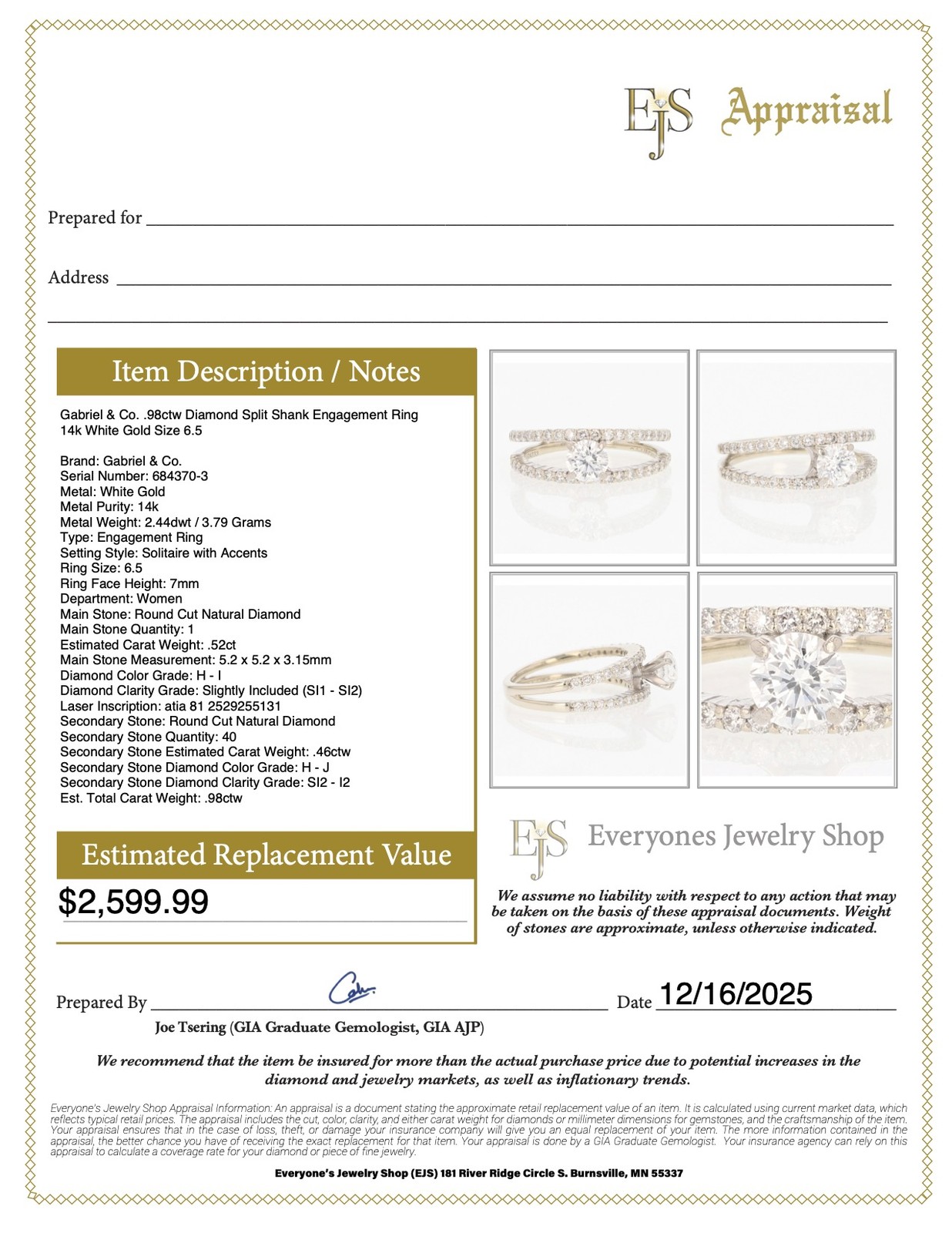 Gabriel & Co. .98ctw Diamond Split Shank Engagement Ring 14k White Gold Size 6.5