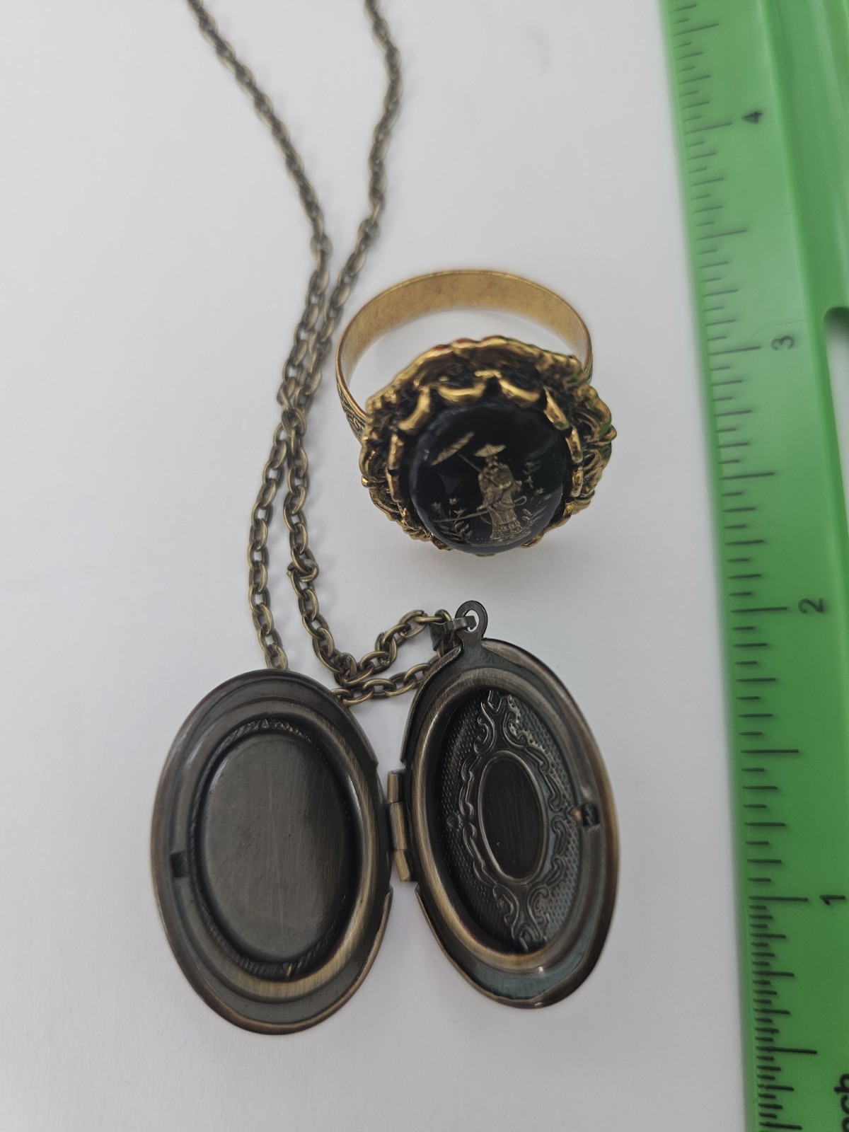 Japanse Geisha Asian Black Gold Tone oval Cab Ring Vintage Custom Pendant Set