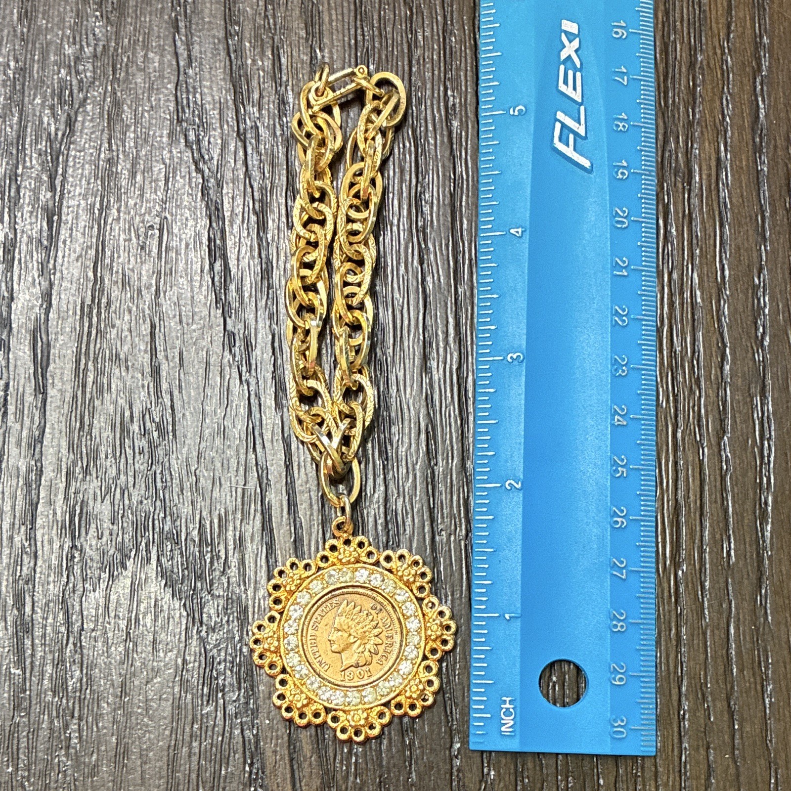 Gold Tone Curb Chain Charm Bracelet Coin Medallion Dangle Toggle Clasp Signed