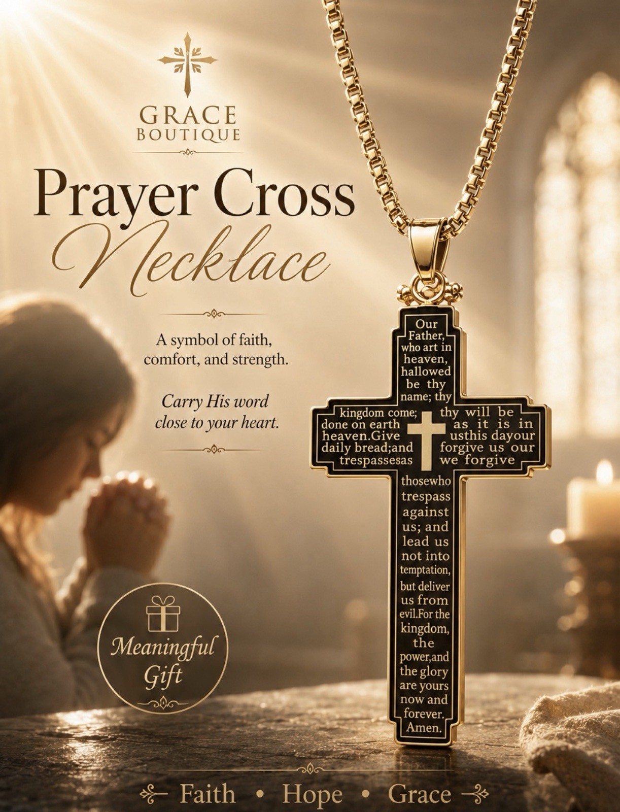 Grace Boutique Prayer Cross Pendant Necklace Gold/Black Metal Box Chain 23.62in