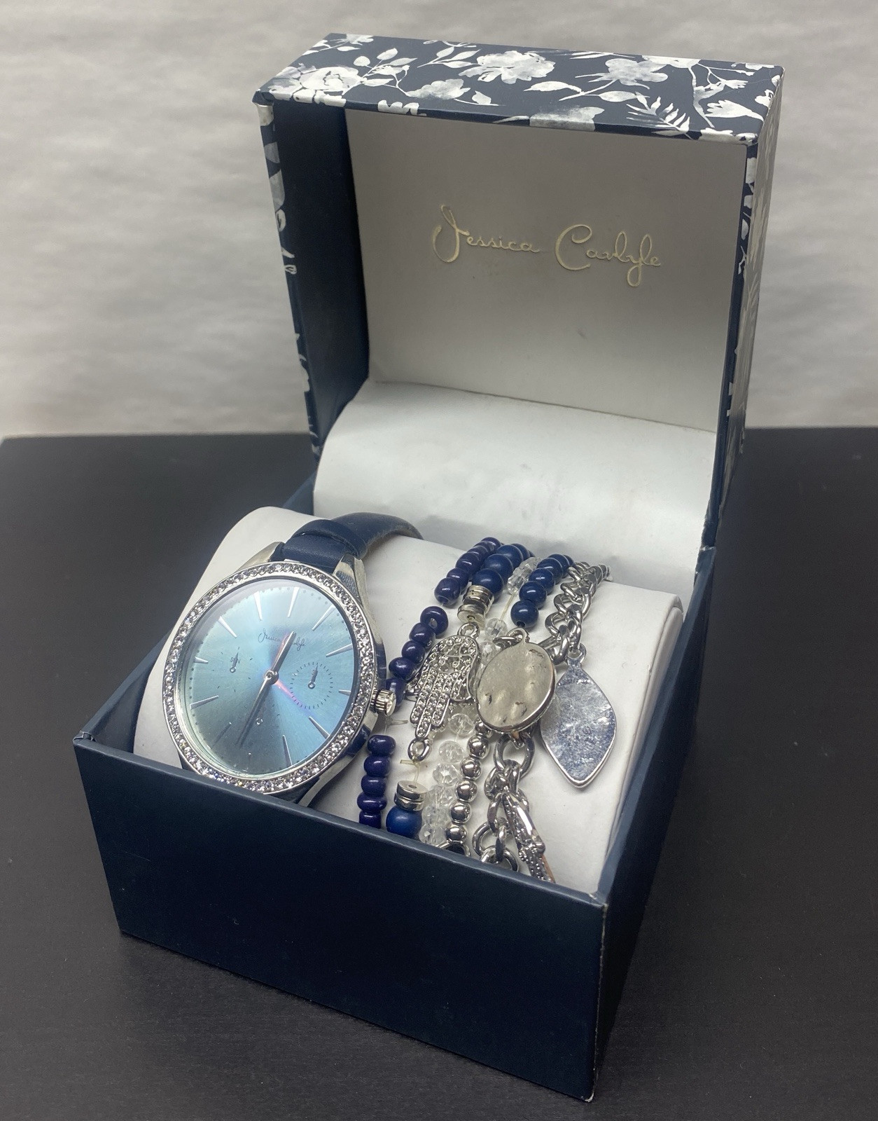 Jessica Carlyle Women Silver Tone Blue Watch Bracelet Bangle Band Set Never Worn