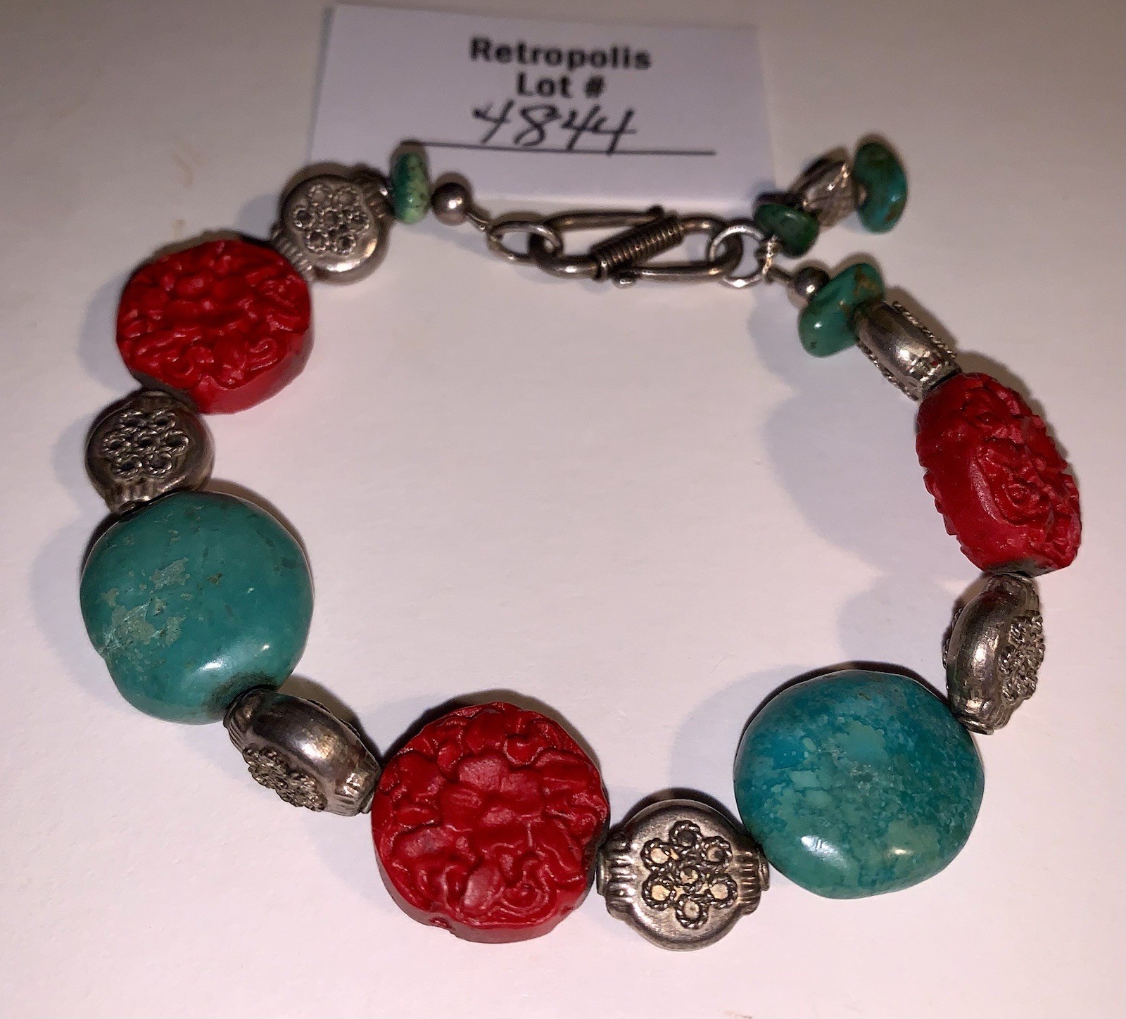 Turquoise & Carved Coral or Red Colored Bead Bracelet