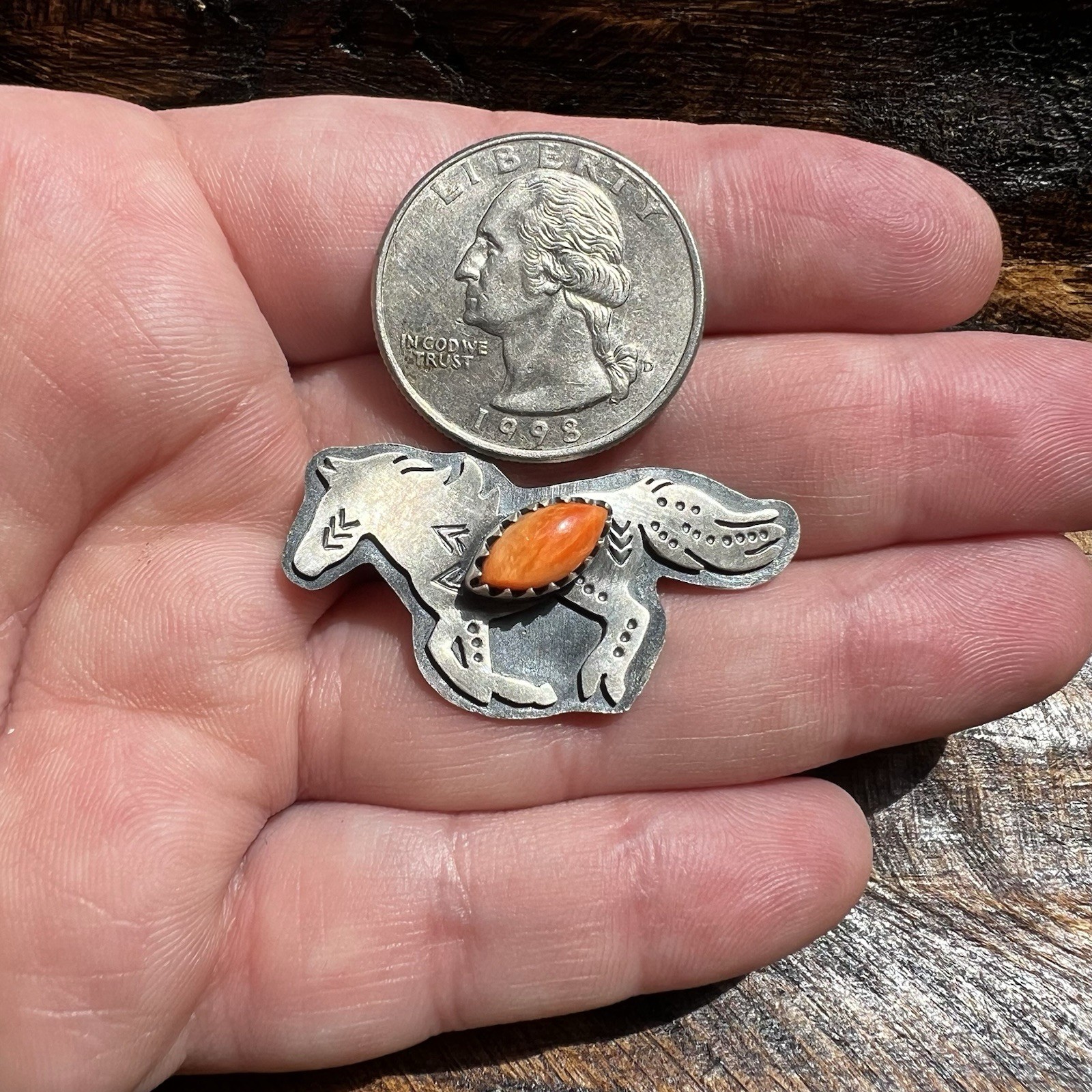 Sterling Silver Spiny Oyster Horse Ring Size 8 Adjustable | Southwestern