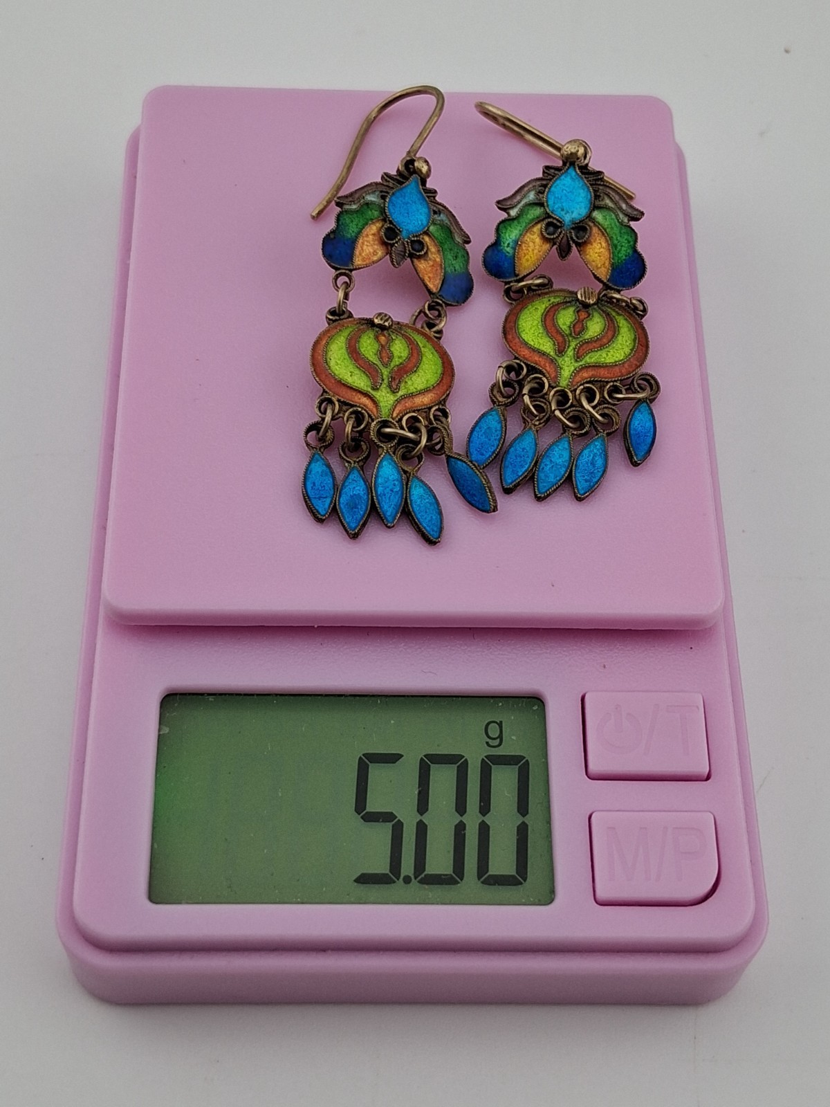 Fabulous! Pair Vintage Sterling Silver Gilt Enameled Chinese Export Earrings