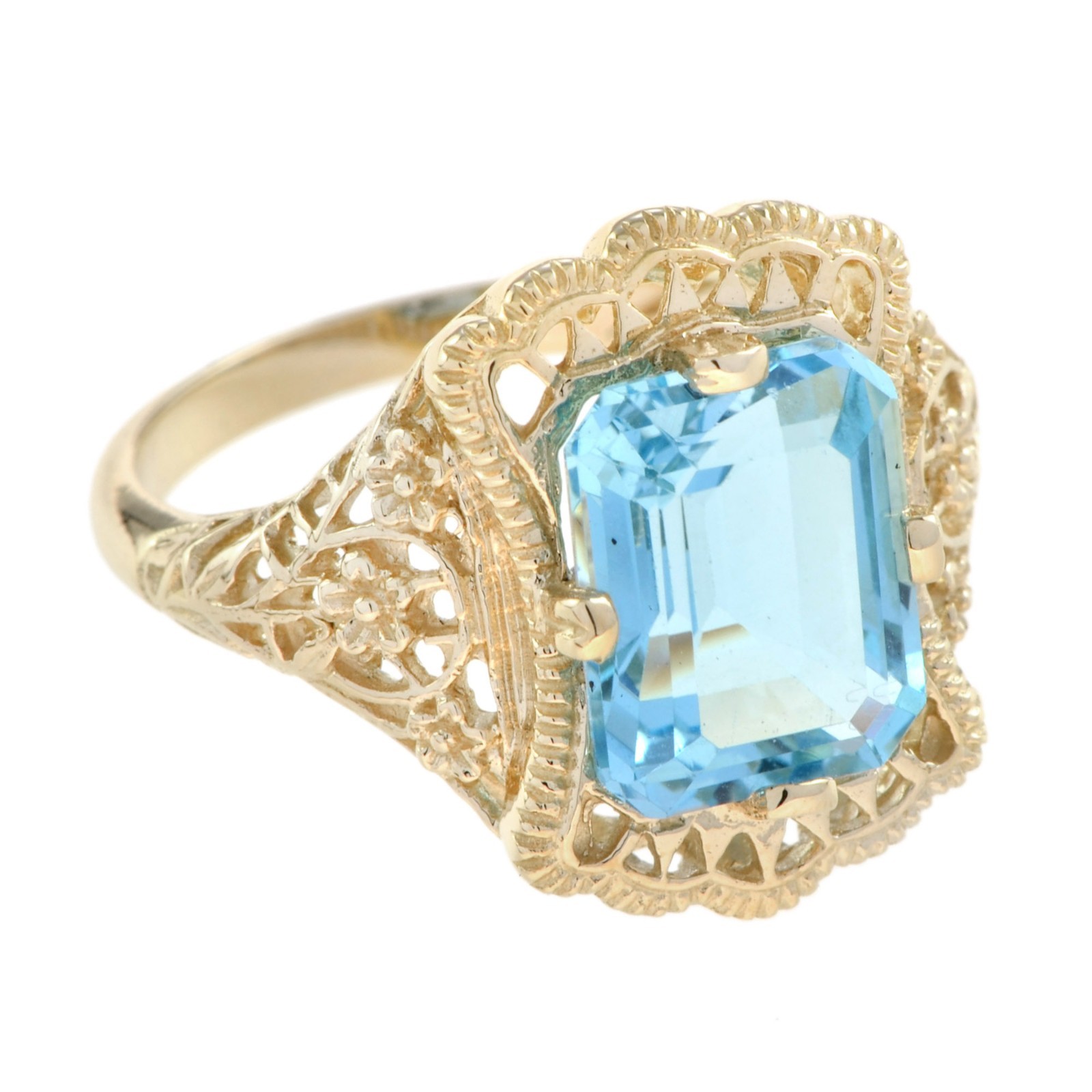 9K Yellow Gold Solid Blue Topaz Edwardian Style Filigree Cocktail Ring