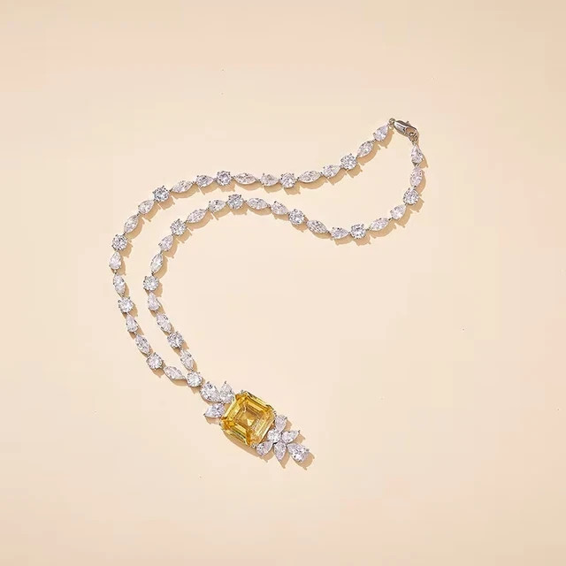 31Ct Asscher Lab-Created Yellow Sapphire & Diamond Necklace 14KWhite Gold Plated
