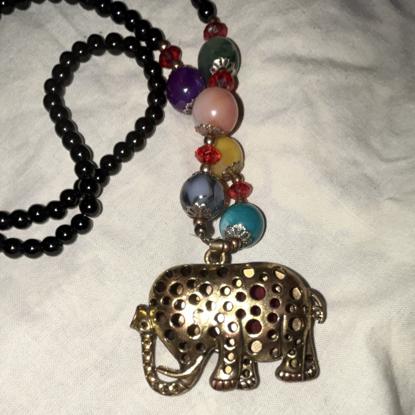 Multicolor Beaded Ball Chain Necklace Elephant Charm Pendant Plastic Metal