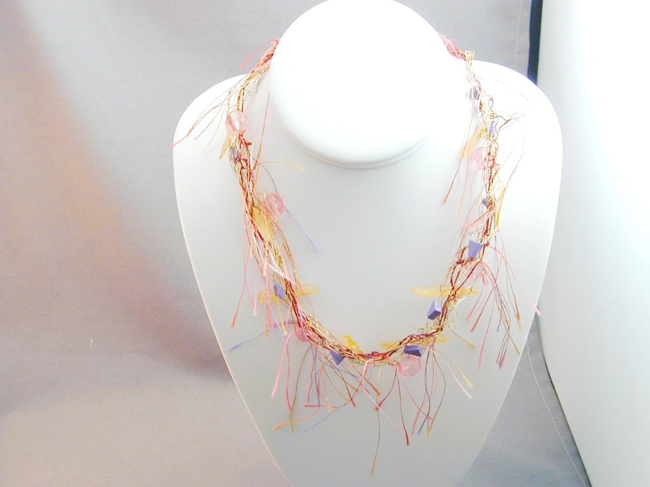 Artisan Wire Wrapped Silk Fiber Glass Bead Necklace Sterling 20″ NWOT