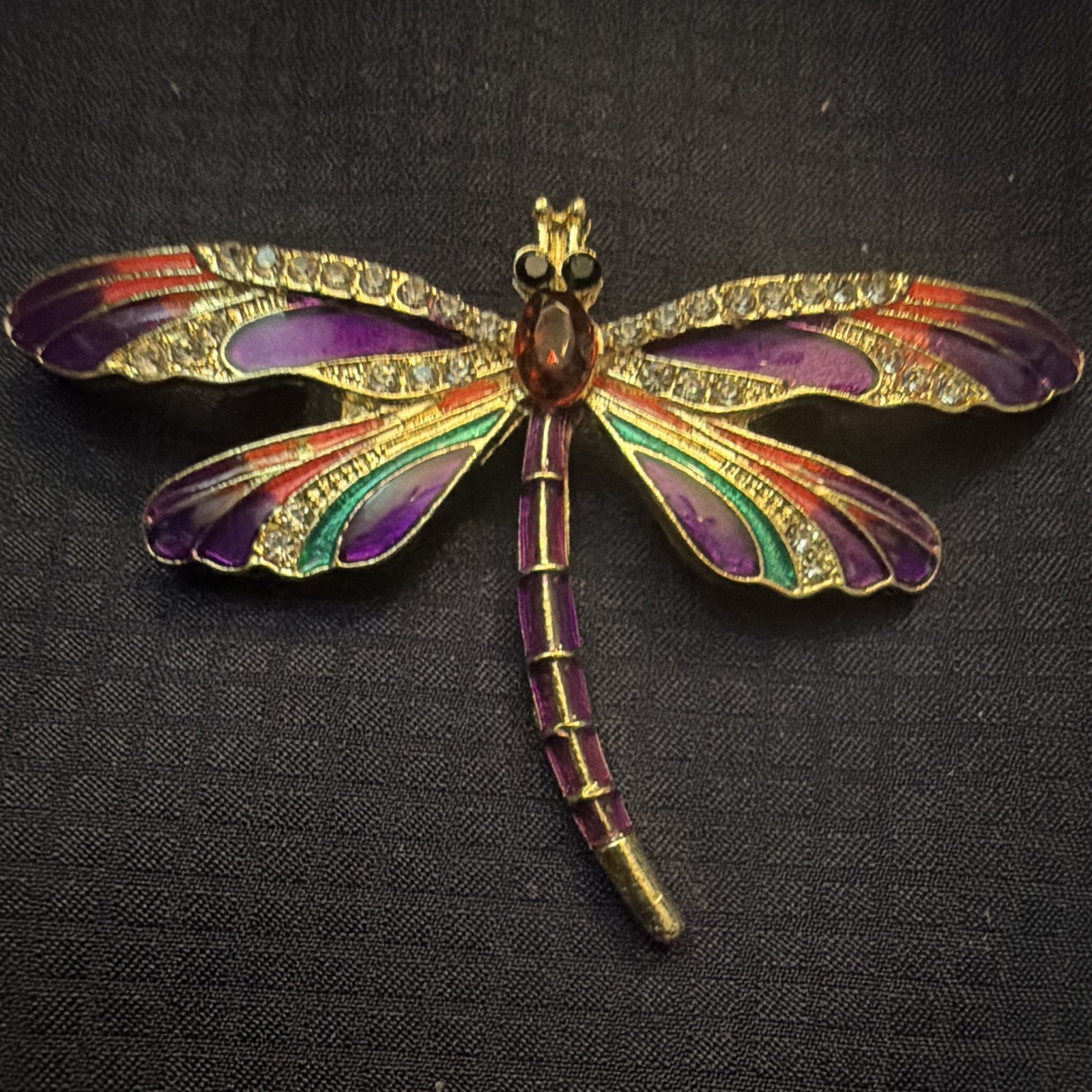 Gold Tone Enamelled Dragonfly Brooch Pin Purple Green Red Rhinestone