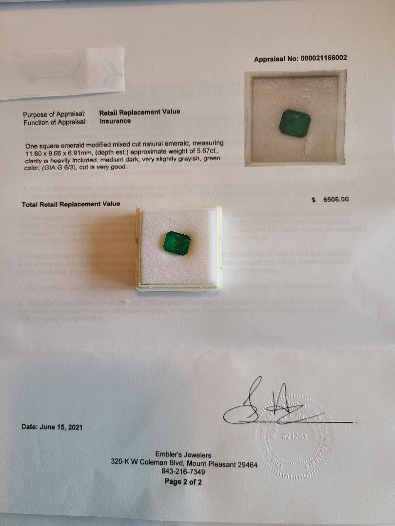 Large 5.67ct Natural Emerald, very good cut. Beautiful, smooth deep green.