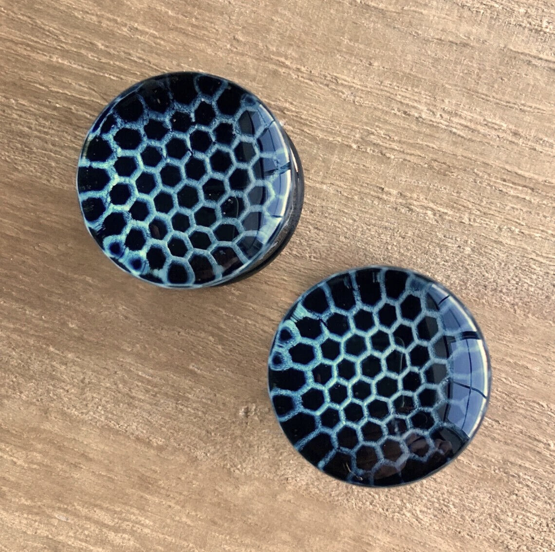 PAIR Black Honeycomb Design Pyrex Glass Double Flare Plugs Gauges Body Jewelry